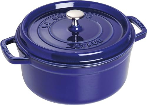 STAUB Gusseisen Bräter/Cocotte, Rund 26 cm, 5 L, Aromaregen Funktion für optimale Befeuchtung, Für alle Herdarten inkl. Induktion & Backofen, Dunkelblau