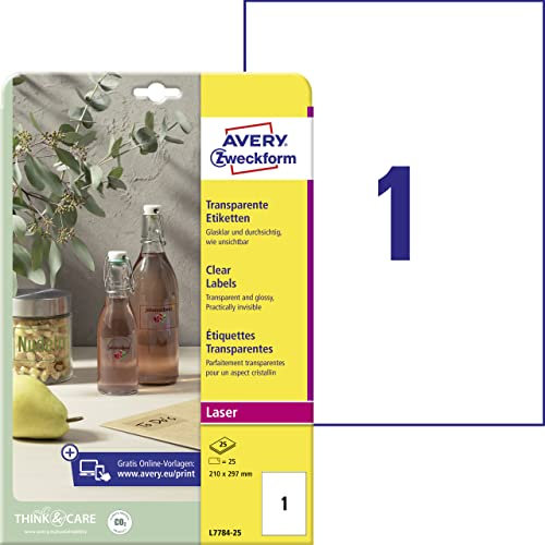 AVERY Zweckform L7784-25 transparente Etiketten (25 Klebeetiketten, 210x297mm auf A4, selbstklebend, Aufkleber zum Bedrucken, wetterfest, Beschriftungen/Produktaufkleber) 25 Blatt, durchsichtig