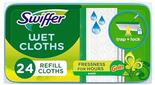 Swiffer Sweep + Mop, Wet Pads Refill, Floor Cleaner for Dirt, Dust, Hair, Cleaning Cloths for Mopping Home, Bathroom, Kitchen, All Purpose Multi-Surface Floor Wipes, Gain, 24ct