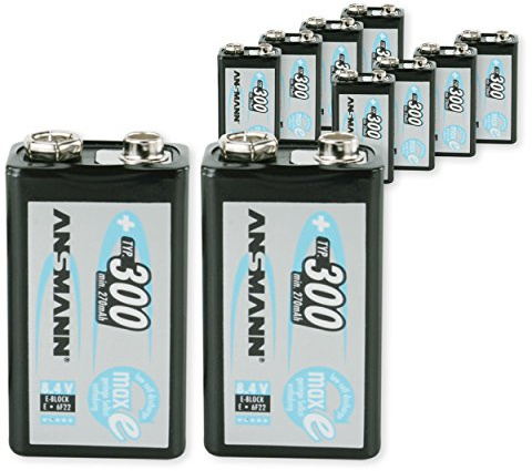 ANSMANN Pack de 10 Piles Rechargeable NiMH maxE Batterie carrée 9V (E) Type 300 (Min. 270 mAh) Faible Décharge PP3 6F22
