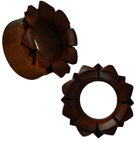 Chic-Net Flesh tunnel trä rödbrun handsnidad tvåskiktsblomma tribal piercing, ingen uppgift