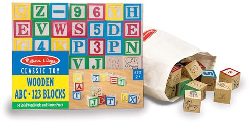Melissa & Doug Deluxe Wooden ABC/123, 50-Piece Set of Classic Letter & Number Wooden Blocks (1” x 1”) with Storage Pouch, Sorting & Stacking Toys for Kids Ages 2+