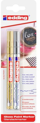 edding 780 gloss paint marker - gold, silver - pack of 2 paint markers - extra-fine round nib 0.8 mm - paint pen for glass, pebbles, wood, plastic, paper - waterproof, high coverage
