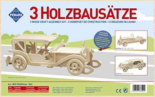 Pebaro 865 Holzbausatz Oldtimer-Set, 3 Stück 3D Puzzles Oldtimer Autos: Oldtimer I, Oldtimer II, Oldtimer III; Modellbausatz, Basteln mit Holz, Holzpuzzle, vorgestanzte Holzplatten, Geschenkidee