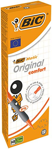 BIC Matic Original Comfort, Druckbleistifte mit 0,7 mm druckfester HB-Mine, verschiedene Schaftfarben (blau, orange, gelb und grau), 12 Stück