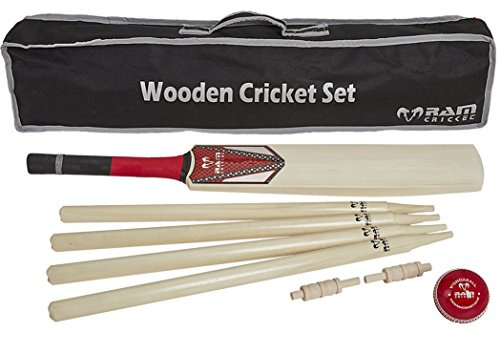 Wooden Cricket Set - A fantastic entry level cricket set that includes a size 5 wooden cricket bat, a full size rubber cricket ball, 4 wooden stumps and a wooden bail. All in a nylon storage bag.
