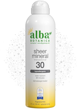 Alba Botanica Sheer Mineral Sunscreen Spray, SPF 30, Fragrance-Free Broad Spectrum, Water Resistant and Biodegradable, 5 fl. Oz. Bottle