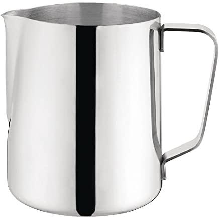 Olympia Stainless Steel Milk/Water Jug Mirror Finish, 910ml 32oz | Non-drip spout prevents messy spills, making it a great choice for professional barista stations and coffee preparation.