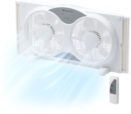 Comfort Zone Window Fan for Bedroom, 9 inch 3 Speed Dual Fans with Auto-Locking Expanders, 3 Modes (Cool, Circulate, Exhaust), Remote Control, Fabric Cover plus Bug Screen, White