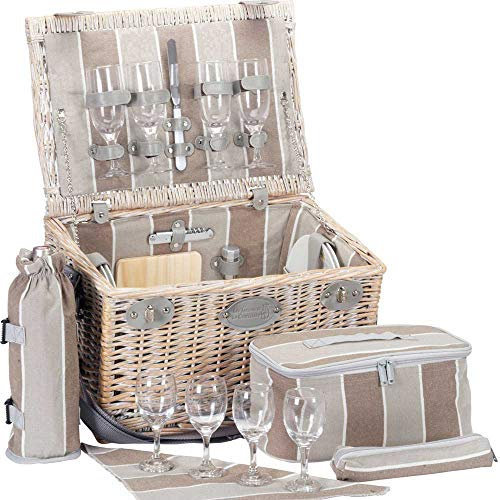 Les Jardins de la Comtesse - Picknickkorb Polo Club aus Weide - Komplett Für 4 Personen - Kühlfach - Keramikteller und Weingläsern/Flaschenträger - Gestreifter Stoff - 44 x 26 x 26 cm