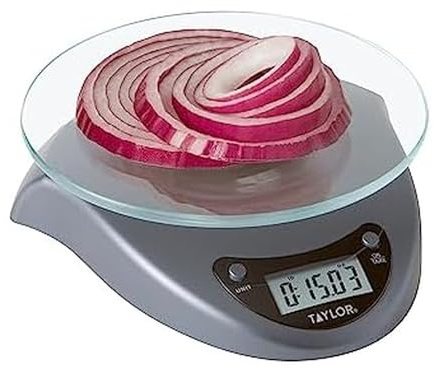 Taylor Digital Kitchen Scale with Glass Platform, Tare Button, and Plastic Body Weighs up to 11 Pounds Capacity, Silver
