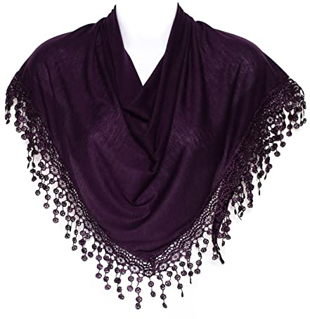 Hat To Socks Triangle Scarf with Bobbin Lace Fringes for Women (Dark Purple)