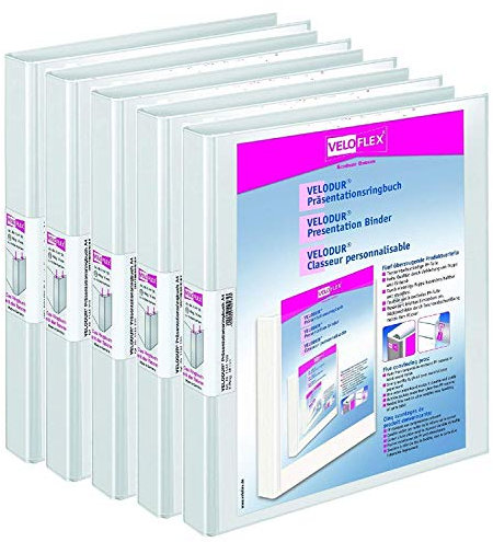 5er Pack Veloflex 1144190 Präsentationsringbuch 2-Ring-Rund-Mechanik 15 mm Ringbuch A4 Velodur 2 Ringe mit verbreiterter Rückentasche, weiß