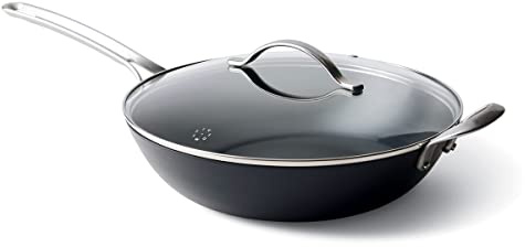 Greenpan x Food 52 Five Two Essentials: Carbon Steel 12 Wok with Foldable Rack, PFAS-Free, Multi Clad, Induction, Dishwasher Safe, Oven Safe, Black
