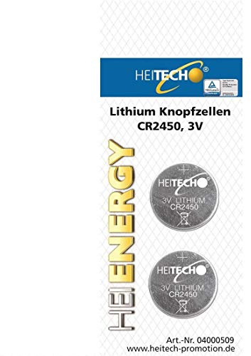 HEITECH Set med 2 CR2450 litiumknappbatterier - vattentäta 3V knappbatterier, med lång livslängd