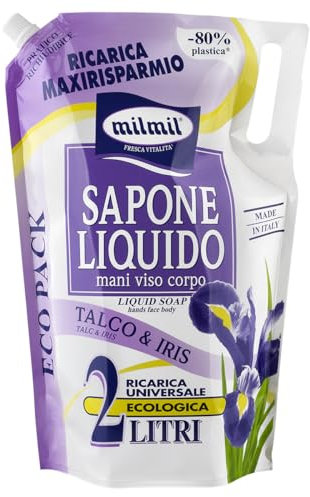 Milmil Sapone Liquido, Fragranza Talco & Iris, Ricarica Universale Maxirisparmio.