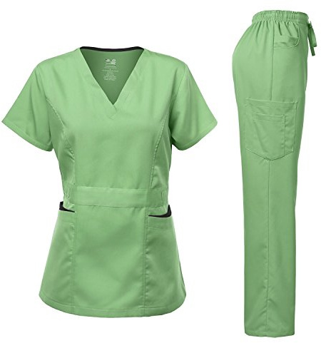 Dagacci Medical Uniform Women's Scrubs Set Stretch Ultra Soft Contrast Pocket (XXS, Apple Green)