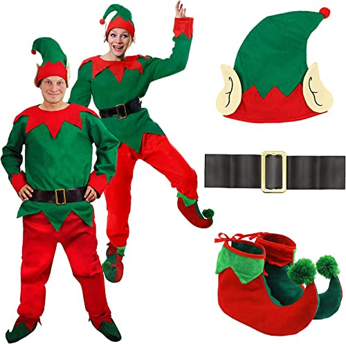 Adults Elf Costume - Large - 5 Piece Outfit with Green Long Sleeve Top, Red Trousers, Hat, Black Belt with Gold Buckle and Boots - Festive Fancy Dress for Christmas Parties and Nativity Events