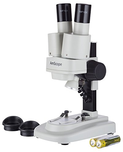 AmScope Kids SE100 Portable Binocular Stereo Microscope, WF10x Eyepieces, 20X Magnification, Tungsten Light Source, Reversible Black/White Stage Plate, Battery-Powered
