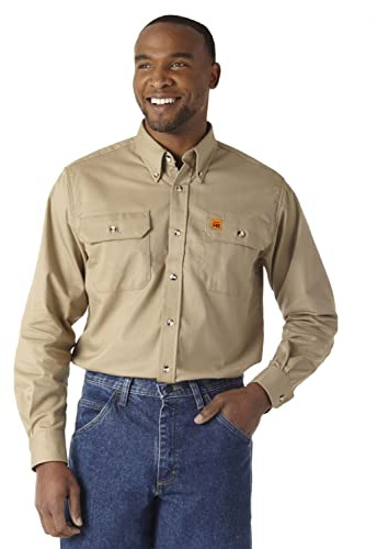Wrangler Camisa de Trabajo de Manga Larga con Bolsillo de Sarga Resistente al Fuego para Hombre, Caqui, XXL