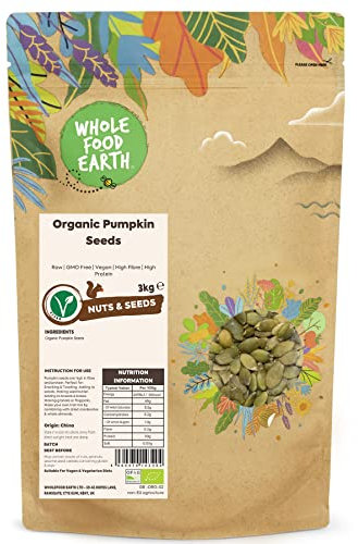 Wholefood Earth Graines de courge bio, 3 kg - Crues - Sans OGM - Véganes - Riches en fibres - Riches en protéines - Certifiées biologiques