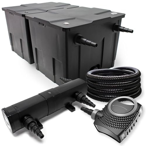 Wiltec Kit complet: CBF-350B Filtre de bassin jusqu'à 60000 L Biologique, NEO10000 SuperECO pompe de filtration 10000l/h 80W, CUV-224 lampe uv UVC Clarificateur avec 24W, 25m Tuyau 25 mm