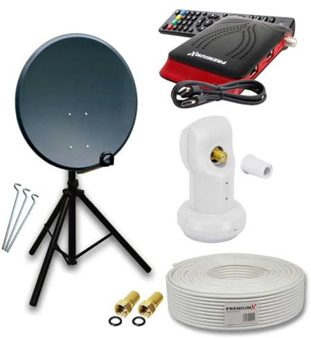 PremiumX Camping Satelliten-Komplettanlage 45cm Antenne Anthrazit SAT Single LNB Dreibein-Stativ Kabel HD TV Satelliten-Receiver