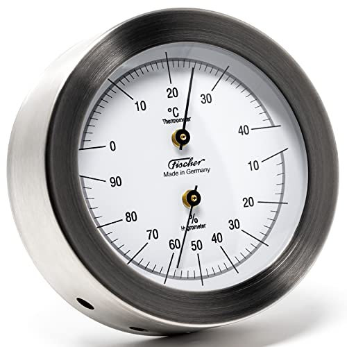 Fischer 1512TH-01 - Thermo-Hygrometer - 103mm gebürsteter Edelstahl-Feuchtemesser und Thermometer - Made in Germany