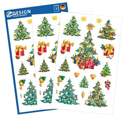 AVERY Zweckform 24 Aufkleber Weihnachten Weihnachtsbäume Motive (Made in Germany, Weihnachtssticker Papier, selbstklebende Weihnachtsdeko Karten, Geschenke, Tüten) 3 Bogen/je 10 Sticker, 52401
