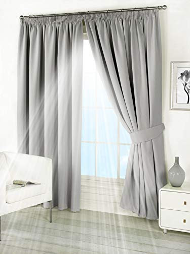 Pair of Silver Grey 46 Width x 54 Drop , Supersoft Thermal Blackout Curtains Pencil Pleat Tape Top Readymade Bedroom Curtain Inc. FREE Pair of Tie Backs, 'Winter Warm but Summer Cool' by VICEROYBEDDING