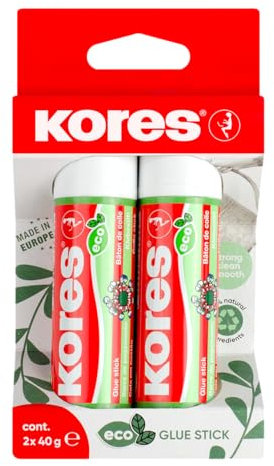 Kores - Eco Glue Stick - Strong Hold Adhesive Glue, Safe, Non-Toxic, with Recycled and Natural Materials - Back to School Stationery, Stationery Supplies, Office Supplies - Pack of 2 x 40g