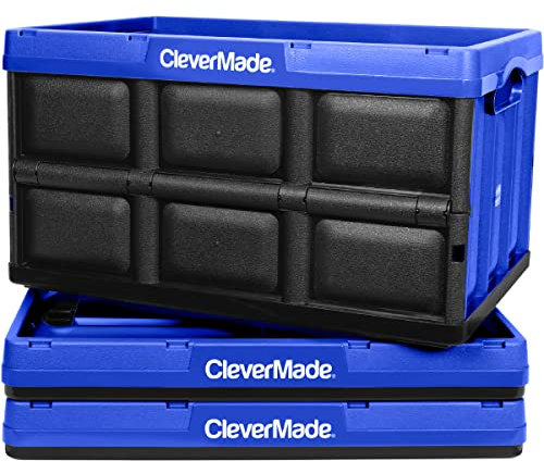 CleverMade Collapsible Storage Bins - Royal Blue 3 Pack 46L - Stackable Containers Heavy Duty Capacity Folding Crates - Space-Saving for Home