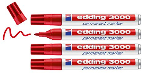 edding 3 000 permanentmarkörer – röd – 4 pennor – rund spets 1,5–3 mm – snabbtorkande permanent märkpenna – vattentät, torkbeständig – för kartong, plast, trä, metall – universalmarkör