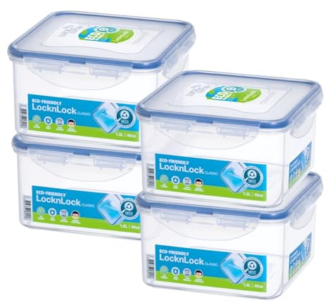 LocknLock HPL822DS4 Easy Essentials Container Food Storage Bin Set, Polypropylene Silicone, Clear