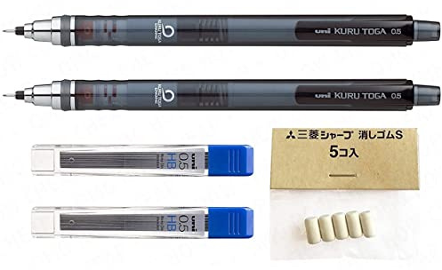 uni-ball Kuru Toga 0.5mm - Self Sharpening Mechanical Pencil - Smoke Barrel - Pack of 2 + 24 Free Leads and 5 Free Erasers