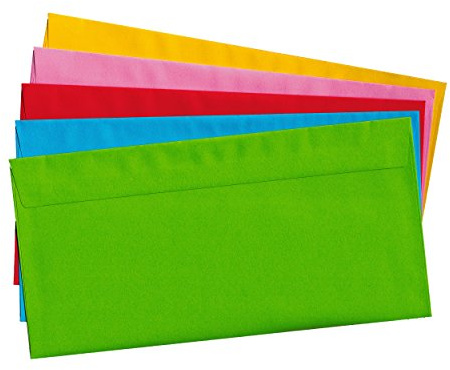 100 enveloppes sans fenêtre, DIN longues, colorées 5 couleurs assorties, adhésif humide, enveloppe