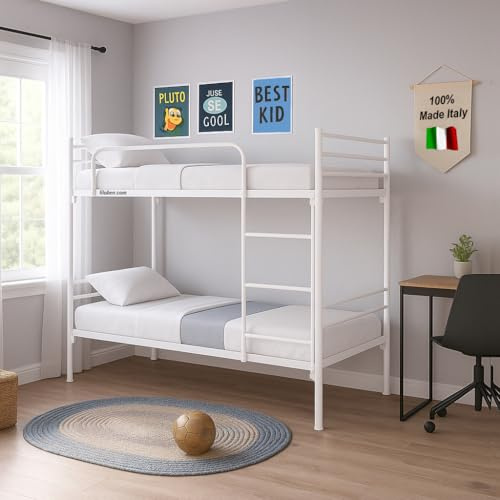Filoben Letto a Castello BIANCO per Adulti e Bambini Style Moderno 200x80 in metallo con 2 Rete Letto 80x190, Scomponibile 2 lettini