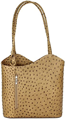 Belli italienische Ledertasche Backpack Classic 2in1 Damen Rucksack Leder Handtasche made in italy Schultertasche - 28x28x8 cm (B x H x T) (Taupe Strauss)