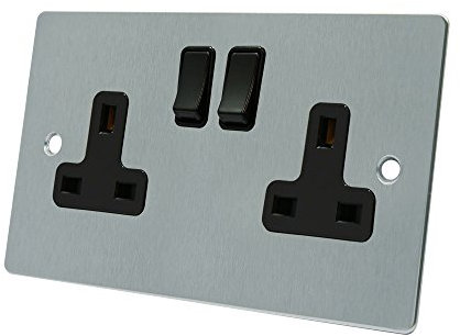 AET FSC2GSOCBL 13 A 2-Gang Satin Chrome Flat Double Plug Socket with Black Insert Plastic Rocker Switches
