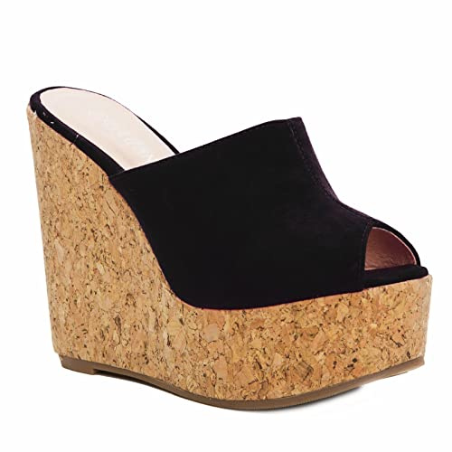 TOOCOOL Zapatos De Mujer Cuña De Ante Y Corcho Tacón Alto Plataforma CA128 Negro Talla 39 EU