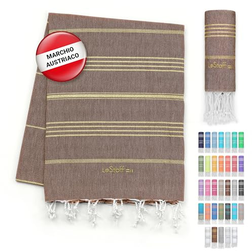 LeStoff Il tradizionale asciugamano da hammam, telo da spiaggia, per sauna, per lo sport, yoga, viaggi, 100% cotone biologico, sostenibile, naturale, morbido e prelavato (95 x 180 cm, marrone - oro)