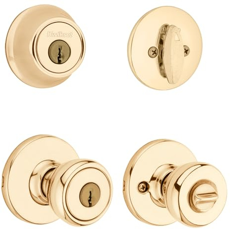 Kwikset 96900-305 Frustration_Free 690 Tylo Keyed Entry Knob & Single Cylinder Deadbolt Combo (1-Pack), Polished Brass