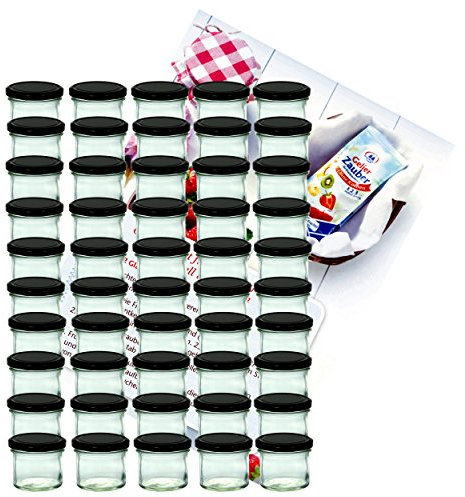 MamboCat 50er Set Sturzglas 125 ml Marmeladenglas Einmachglas Einweckglas to 66 schwarzer Deckel incl. Diamant-Zucker Gelierzauber Rezeptheft