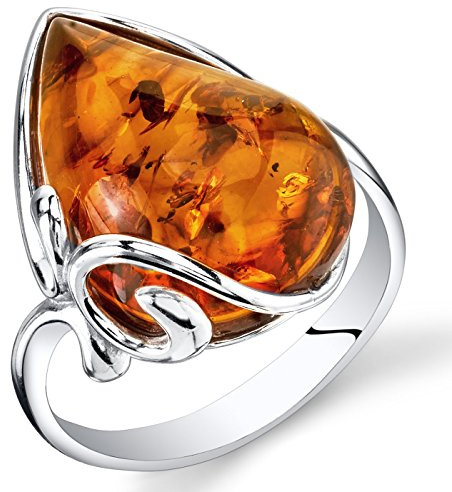 PEORA Genuine Baltic Amber Ring for Women 925 Sterling Silver, Large Teardrop Shape, Rich Cognac Color Size 9, Real Baltic Amber Ring for Adults, 100% Natural from Baltic Region, w/Jewelry Box