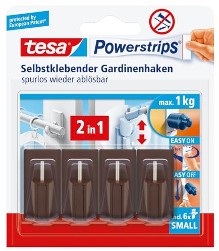 tesa Powerstrips Vario-Gardinenhaken / Selbstklebende Gardinenhaken von tesa - wieder ablösbar und mehrfach verwendbar / Bis 1 kg Belastung / 1 x 4 Stück / Braun