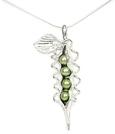 Pea Pod Necklace - 4 Peas Green Freshwater Pearls and Sterling Silver - Gift Boxed with Story Card - Each Unique Handmade in USA (18 Inch Chain Length)