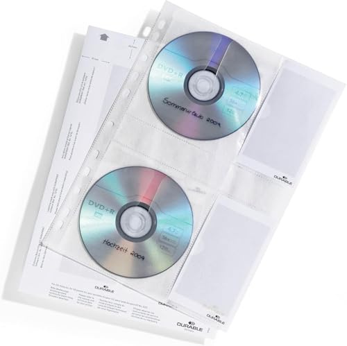 Durable 522219 Fundas para CD/DVD (A4 con revestimiento protector para 4 CD/DVD, de PP) Bolsa de 5, transparente