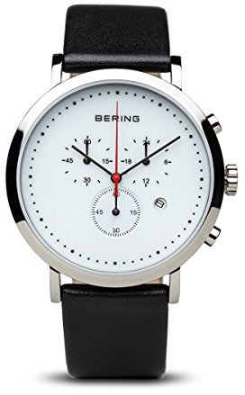 BERING Unisex Quarz Uhr | Armbanduhr 40 mm silbernes Edelstahlgehäuse und weißes Zifferblatt | Kalbslederarmband | Saphierglas | 5 ATM | 10540-404