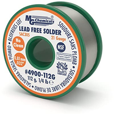 MG Chemicals Sn99, 99,3% estaño, 0,7% cobre, 3% plata, no limpio sin plomo soldadura, 0,032 Diámetro, bobina de 1/4 Lb