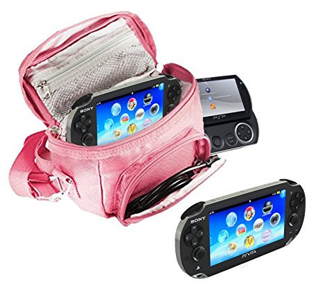 Orzly® - SPIELE & KONSOLEN (REISE-) TASCHE für die Sony PSP Konsolen (GO / VITA /1000/2000/3000) mit speziellen Fächern für die Aufbewahrung von Spielen und Zubehör. Tasche enthält Schultergurt, Tragegriff und eine Gürtelschlaufe – Pink / Rosa